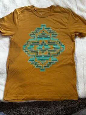 Crazy Train Teal Aztec Graphic Tee on Mustard Body